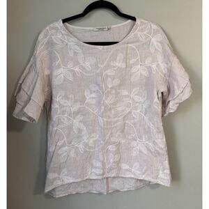 Valentina Naldi Beige Blouse Made‎ Italy Ruffle Sleeve Floral Embroidered Small
